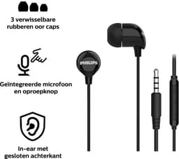 Philips In-Ear koptelefoon TAE1156BK - Clear Sound - Bekabeld - Remote met microfoon - Jack plug 3.5 mm- Zwart — thumbnail 2