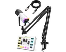FIFINE - Starterspack 2.0 White - AM8T & SC3 - Podcast Starterspack - Gaming Streaming - Incl XLR Kabel - USB RGB Microfoon met Boom Arm - Streaming Deck - DJ Mixer