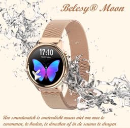 Belesy® MOON - Smartwatch Dames - Horloge - Stappenteller - Lichaamstemperatuur - Bloeddruk - Zuurstofgehalte - Ademhaling - Full Touch - Diverse Wijzerplaten - Mutli sport - Milanees - Staal - Zwart - Moederdag — thumbnail 4