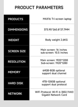 Laptop met 3 schermen – 16 inch hoofdscherm + 2x 10,5 inch – Intel Core i7-1260P – 32GB DDR4 – 1TB SSD – Wi-Fi 6 – RJ45 – USB-C – HDMI – vingerafdrukscanner – gezichtsherkenning – Windows 11 — thumbnail 5