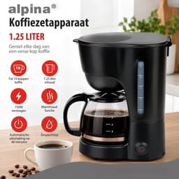 alpina Koffiezetapparaat 1,25L - Koffiemachine voor Filterkoffie - Geschikt voor 10 Koppen Koffie - Warmhoudfunctie en Druppelstop - Zwart — thumbnail 4