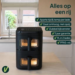 Vivid Green Dubbele Airfryer Verticaal – 9L – 2 Lades – Dual Zone met SYNC – Kijkvenster – 2500W – PFAS-vrij – Zwart — thumbnail 2