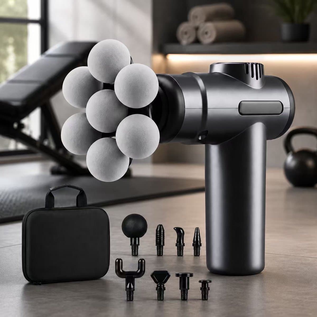 Massagepistool – Massageapparaat en Massage Gun – Draagbaar Massagepistool met 99 Snelheden en 9 Massagekoppen – Handmassageapparaat voor Nek, Rug en Benen – Met Reistas – Grijs — afbeelding 1