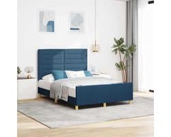 Bedframe met hoofdeinde Blauw 160 x 200 cm Stof, Schuimvulling, Minimalistisch Design, Inclusief Hoofdbord en Voetbord, Comfortabele Slaapkamer, Eenvoudig te Monteren, en Stijlvol Platformbed