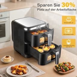 Airfryer – Heteluchtfriteuse – Dubbele Mand – Dubbele Lade – XXL Heteluchtoven – 11L Capaciteit – Verticaal Stapelbaar – PFAS-vrij – 2800W – 10 Kookprogramma’s – Sync & Match Functie — thumbnail 5