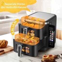 Airfryer – Heteluchtfriteuse – Dubbele Mand – Dubbele Lade – XXL Heteluchtoven – 11L Capaciteit – Verticaal Stapelbaar – PFAS-vrij – 2800W – 10 Kookprogramma’s – Sync & Match Functie — thumbnail 3