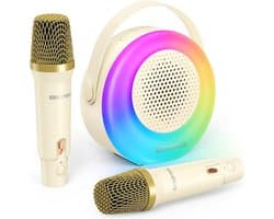 Karaoke-machine met 2 draadloze microfoons, Bluetooth-karaoke-luidspreker voor kinderen en volwassenen - Beige