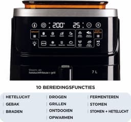 Airfryer met Stoomfunctie - 7 Liter - 1700 W - 10 Kookprogramma’s - Grillfunctie - Touchscreen - Kijkvenster - Zelfreiniging - Zwart — thumbnail 4