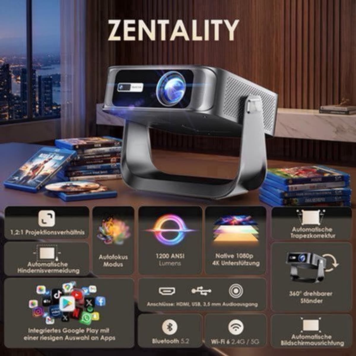 Mini Beamer - 1200 Lumen - Native 1080p Resolutie - LCD - Draagbaar - Voor Thuisbioscoop En Presentaties — afbeelding 1