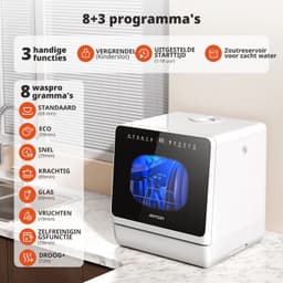 Tafelmodel Vaatwasser – 8 Wasprogramma’s – Waterontharder – Startuitstel – Kinderslot – 4 Couverts — thumbnail 2