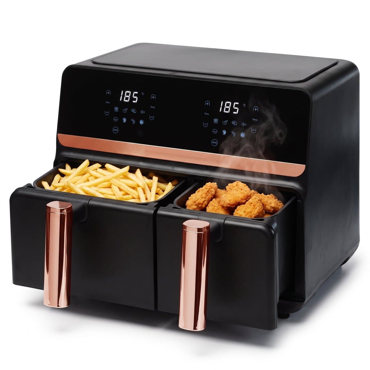 Cheqo® Dubbele Airfryer XXL - Heteluchtfriteuse Rosegoud - Dual Zone met Twee Kookvakken - Dubbele Mand - Hetelucht Friteuse met Touchscreen - Digitale Airfryer voor Gezin - Frituurpan zonder Olie - Snackpan Rose Gold met Grillplaat — afbeelding 1