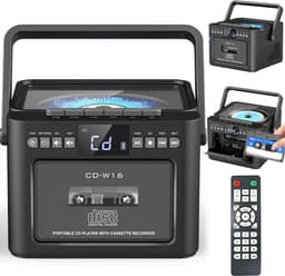 CD- en Cassettespeler met Bluetooth - Draagbare CD Radio - Bluetooth 5.1 - FM Radio - USB, SD & AUX - Oplaadbare 5000mAh Accu - Cassette Afspelen & Opnemen - Afstandsbediening - Zwart — thumbnail 1