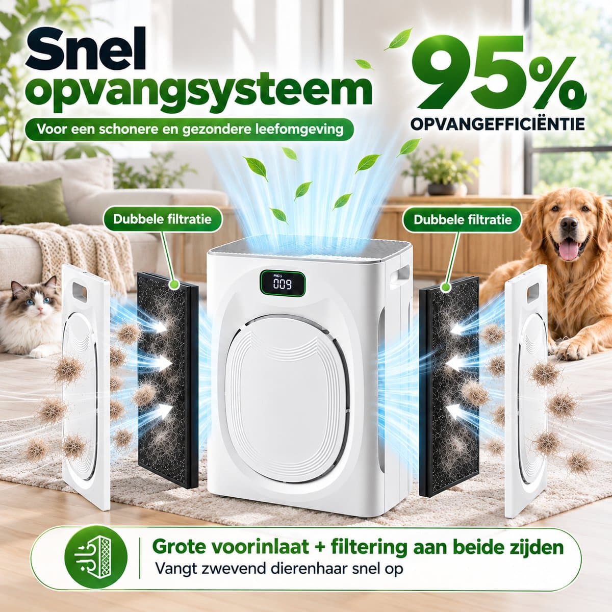 MUPOO Luchtreiniger met hepafilter voor Huisdieren -Huisdiermodus -CADR 295 m³/u-Grote Luchtinlaat & Dubbelzijdige Filtratie - 3-Laags Filtersysteem(H13 HEPA, Koolstoffilter & Wasbaar Voorfilter ) - 25 dB Slaapstand - voor Woonkamer en Slaapkamer — afbeelding 1