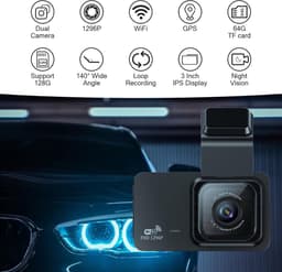 1296P Dash Cam voor en achter dubbele lens Dashcam WiFi GPS in auto camera Dashboard Camera met 64 GB SD-kaart, nachtzicht, Full HD, Loop opname, 140 groothoek, APP-bediening, 3 inch IPS-scherm, Max — thumbnail 5