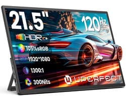 UPERFECT Draagbare monitor 21,5 inch 120 Hz gamingmonitor 1920 × 1080 FHD IPS USB-C & Mini-HDMI-poort met geïntegreerde standaard, tweede scherm voor laptop/telefoon/spelconsole, VESA-montage mogelijk
