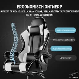 Lexorion Gaming Stoel – Ergonomische Gaming Chair – Inclusief Gratis RGB Gamingmuis Cadeau – Verstelbaar – Lederen Gamestoel – 136 kg – Wit– Bureaustoel — thumbnail 3