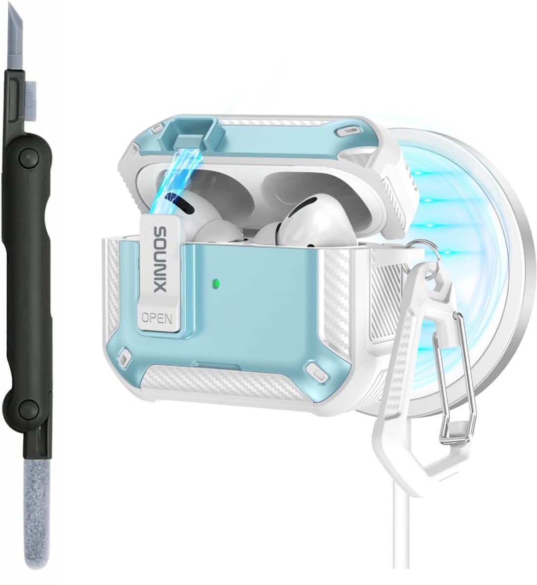 Sounix Hoesje geschikt voor Airpods Pro 1 / 2 - Met schoonmaak borstel - Airpods Pro Hoesje - Armor Case met Lock - Wit/Lichtblauw — afbeelding 1