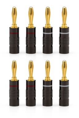 Vergulde banaanstekkers set (8 stuks) – 24K gold plated speakerpluggen – Hifi speakerkabel connectors – Schroefbare banaanpluggen rood/zwart – Audio accessoires voor versterker, receiver & luidsprekers — thumbnail 1