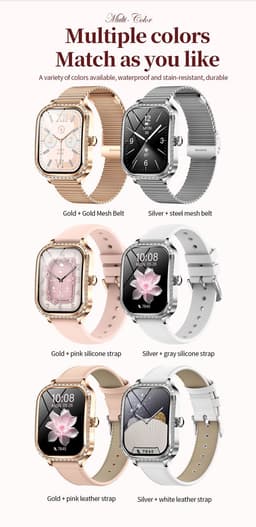 Knobbout 1,75 inch HD gebogen scherm smartwatch met ingelegde diamant - Slank, stijlvol en elegant design - Vrouwelijke gezondheidstracking - Bluetooth-belfunctie - Roségouden talen band met kristallen + extra siliconen band — thumbnail 4