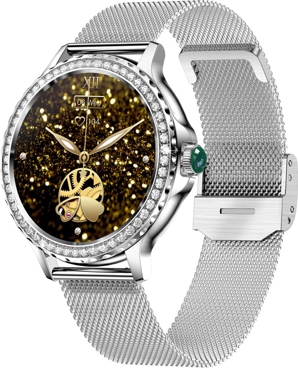 Knobbout Luxe Smartwatch voor Dames – Met Sprankelende Kristallen-1.3" Scherm IPS HD Touchscreen – Bluetooth 5.2 Bellen – Hartslag & Bloeddrukmeting – IP68 Waterdicht – Zilverkleurige Roestvrijsta — afbeelding 1
