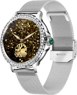 Knobbout Luxe Smartwatch voor Dames – Met Sprankelende Kristallen-1.3" Scherm IPS HD Touchscreen – Bluetooth 5.2 Bellen – Hartslag & Bloeddrukmeting – IP68 Waterdicht – Zilverkleurige Roestvrijsta — thumbnail 1