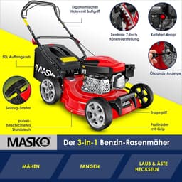 Benzine Grasmaaier 3in1 met 50L Opvangzak | Duwmaaier met 42 cm Maaibreedte en 7-standen Maaihoogte | Mulchfunctie en Versnipperen van Takken — thumbnail 3