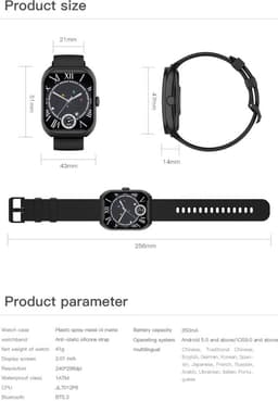 Knobbout 2.01”Scherm Smartwatch met Gebogen Scherm – Bluetooth Bellen, Hartslag & Slaapmonitoring, IP68 Waterdicht, 350mAh Batterij | Voor Sport & Gezondheid - Zwart — thumbnail 3