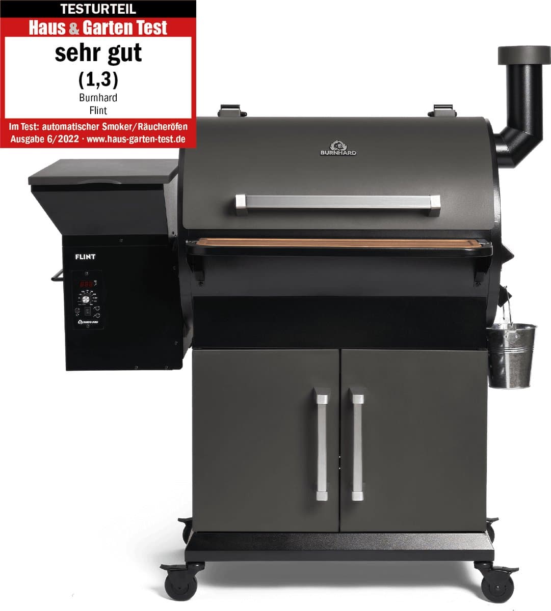 Pelletroker BURNHARD® Constante Hitte, 24u Roken, 70-230°C, 9kg Pelletkamer, Roestvrijstalen Roosters, Opklapbare Voortafel, Onderkast, UV-hoes – FLINT — afbeelding 1