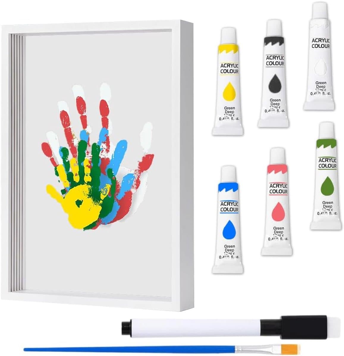 Handprint en Voetafdruk Baby Set - DIY Plakafdruk - Houten Lijst - Niet-Toxische Vingerkleuren - Creatieve Afdruk Set voor Baby - Cadeau voor Ouders en Nieuwgeboren — afbeelding 1