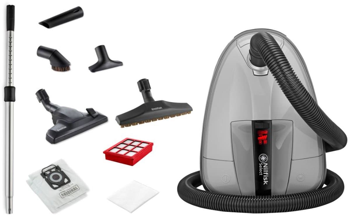 Nilfisk Select – Energiezuinige stofzuiger met zak, 650 W motor, HEPA 13-filter, stille werking, modern design, complete accessoireset en 10 jaar garantie — afbeelding 1