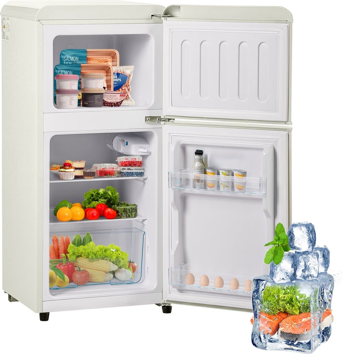 Sweiko 2-deurs Koelkast, totaal volume 60 liter, vriesvolume 22 liter, 102 kWh/jaar, -27°C ∽ 13°C, LED-verlichting, melkwit, Energieklasse E — afbeelding 1