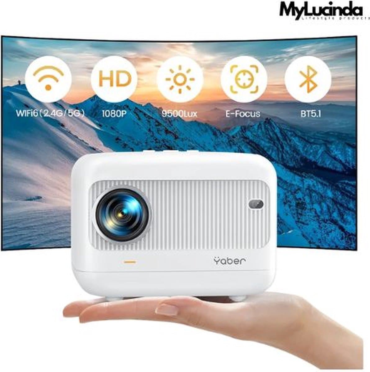 Mylucinda® Mini Beamer Projector - 16x13x12cm Draagbare Videoprojector met 5G WiFi & Bluetooth - Thuisbioscoop - Wit — afbeelding 1