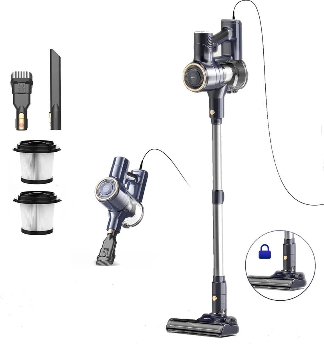Yisora - Steelstofzuiger met snoer - Steelstofzuigers - 6 in 1 Stofzuiger zonder zak - Handstofzuiger met steel - 3 verschillende opzetstukken - 600W - Blauw - 23Kpa- ultra licht — afbeelding 1
