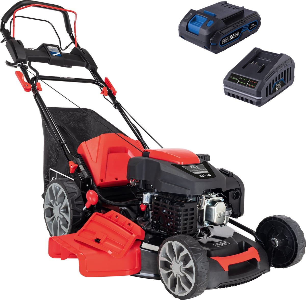 Scheppach Grasmaaier Benzine met hybride start M225-56E - Zelfrijdend - Mulchfunctie - 56cm maaibreedte - Maaihoogte in 7 stappen verstelbaar: 25-75mm - 4-takt - 224cc - 6pk - Voor tuinen tot 2200m² - met 65L opvangbak — afbeelding 1