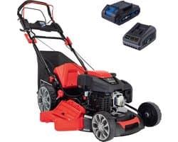 Scheppach Grasmaaier Benzine met hybride start M225-56E - Zelfrijdend - Mulchfunctie - 56cm maaibreedte - Maaihoogte in 7 stappen verstelbaar: 25-75mm - 4-takt - 224cc - 6pk - Voor tuinen tot 2200m² - met 65L opvangbak