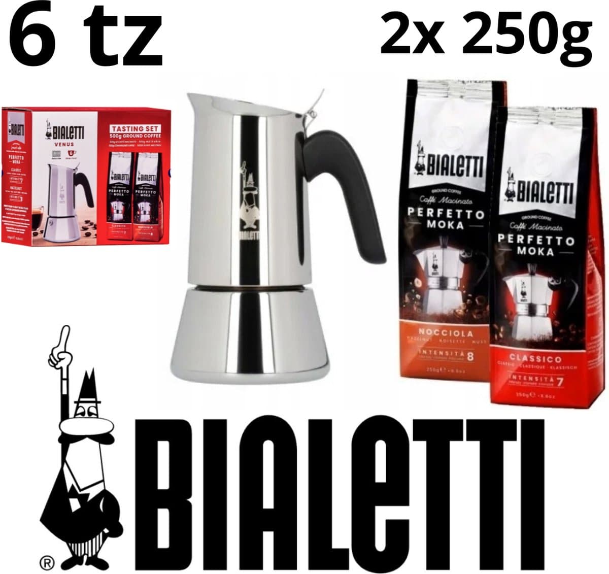 Bialetti Venus 6tz koffiezetapparaat set + Nocciola koffie 250g + Classico koffie 250g, Percolator, Italië, voordeelpack, kerstpakket, ideal kerst cadeau, koffieliefhebbers, uniek gift — afbeelding 1