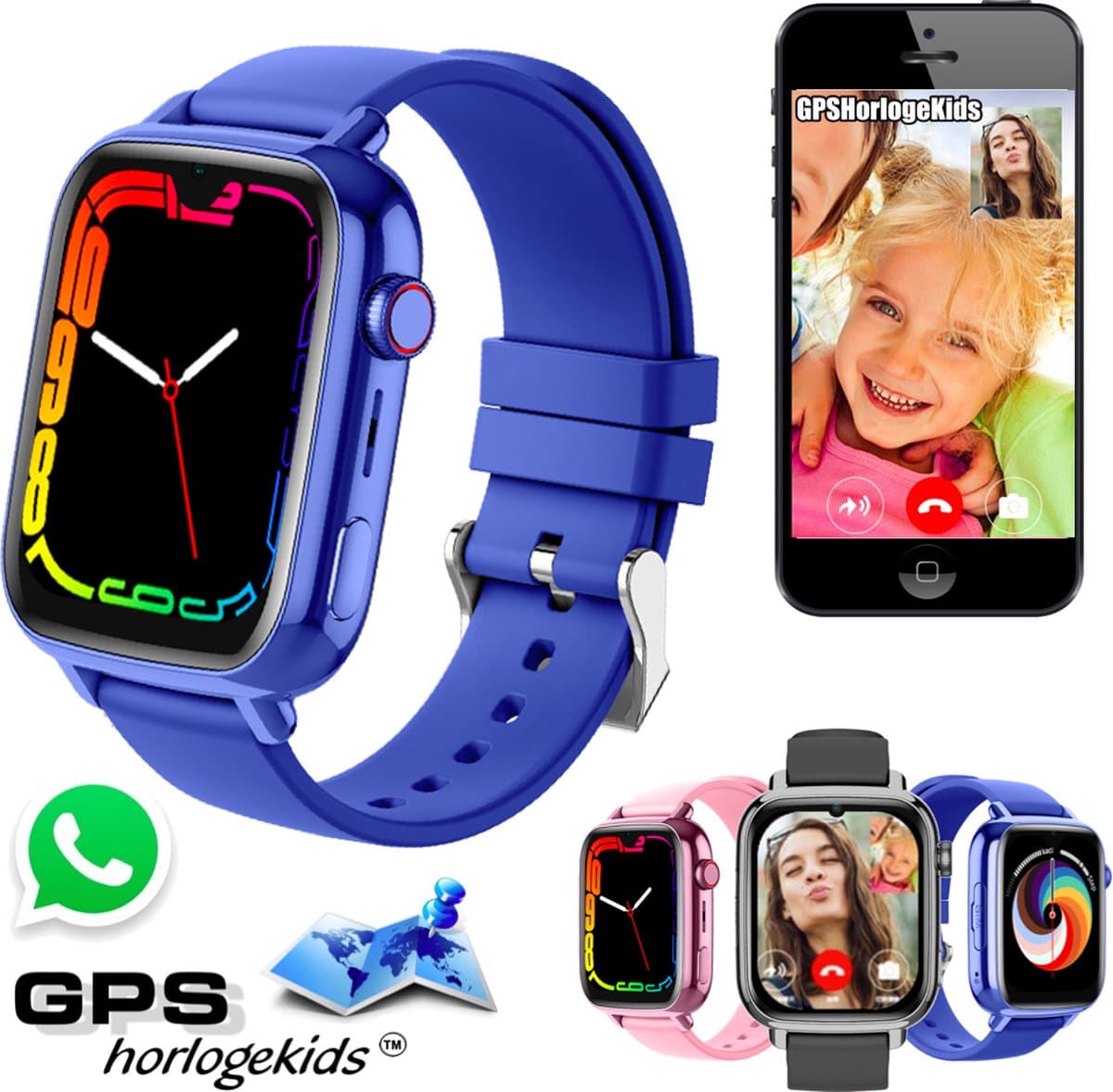 GPSHorlogeKids© - GPS horloge kind - smartwatch kinderen - WhatsApp - 4G videobellen - SOS alarm - TikTok - Google Assistant - facebook - smartwatch kind - nieuw 2025 - incl SIM – model Flux Blauw — afbeelding 1