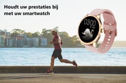 Belesy® BQSiRgPk Pro - Smartwatch Dames – Smartwatch Heren - Horloge - 1.28 inch - Kleurenscherm - Stappenteller - Bloeddruk - Hartslag - 75+ Wijzerplaten – Sporten – Goud – Siliconen – Roze – 2 extra polsbanden - Cadeau - Kerstcadeau — thumbnail 4
