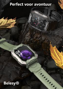Belesy® Covert - Smartwatch Heren –Horloge – Navigatie - Stappenteller – Calorieën - Hartslag – Sporten - Je eigen foto als wijzerplaat - Kleurenscherm - Full Touch – Groen camouflage – Siliconen - Moederdag — thumbnail 5