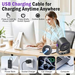 Stille tafelventilator, USB-miniventilator, 3-in-1 draagbare ventilator, 5000mAh-batterij, 5 instelbare windsnelheden, 360° draaibaar, geschikt voor thuis, kantoor, kamperen en buitenactiviteiten. — thumbnail 2