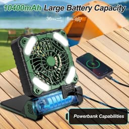 Ventilator met zonnepaneel, 10400 mAh, oplaadbare campingventilator, werkt op batterijen, draagbaar, met ledlampen, 4 snelheden, stille tafelventilator voor op reis — thumbnail 4