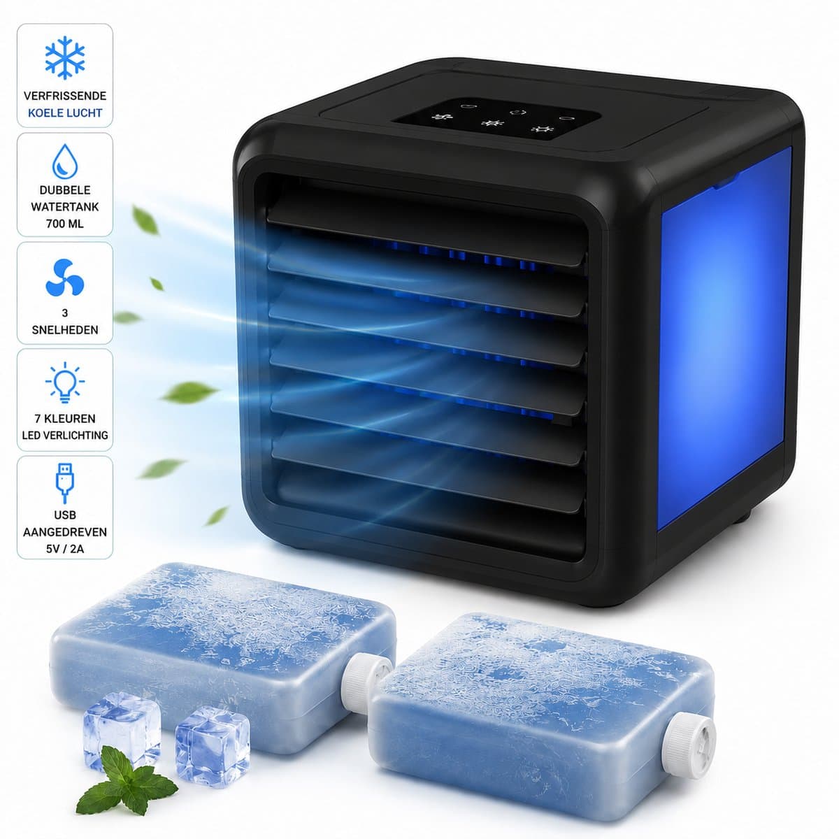 QUIGG Mini Air Cooler met LED Verlichting – Draagbare Luchtkoeler – Dubbele Watertank 700 ml – 3 Snelheden – USB Aangedreven – Zwart — afbeelding 1