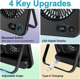USB-bureauventilator, 2000 mAh USB-C oplaadbare tafelventilator, opvouwbare mini draagbare stille ventilatoren met LED-display, 180° verstelbare krachtige koeling, kleine ventilator voor kantoor — thumbnail 5