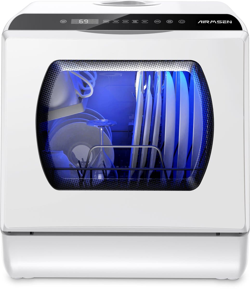 AIRMSEN Mini Vaatwasser - Met 5L Watertank - Zonder Vaste Wateraansluiting - 5+1 Programma's - 4 Couverts - Vrijstaande Afwasmachine - Wit — afbeelding 1