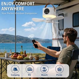 kampeer ventilator - fan - plafondventilator - ventilator - plafondventilator met verlichting - plafondventilator lamp - plafonventilator afstandsbediening- kampeerventilator accu - draagbare plafond ventilator - geel - 7200mAh — thumbnail 2
