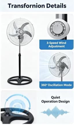 Ventilator Staand – Statiefventilator – Vloerventilator – 125 CM - 90° Oscillatie – 5 Ventilatorbladen – Stille Werking – Verzwaarde Voet - Staande Ventilator — thumbnail 4