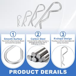 M3 x 65 mm splintbouten-assortimentset, 20 stuks heavy duty R-clips hardware pin koolstofstalen veer-snelsluitingen, aanhangervergrendeling grasmaaier, vrachtwagen, zilver — thumbnail 2