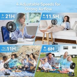 Tafel- en Staande Ventilator - Draagbare Oscillerende Ventilator - Opvouwbaar Design - Afstandsbediening - 4 Snelheden - Oplaadbare Accu - USB Ventilator - Zwart — thumbnail 5