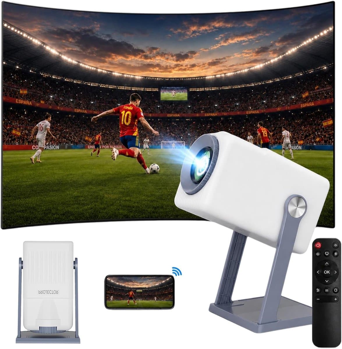 SnelShoppen - Draagbare Mini-Projector met Android 11, 4K Ondersteuning, 1080P, Wifi 6, Bluetooth 5.0, 360° Draaibaar, Thuisbioscoop en Buitengebruik — afbeelding 1