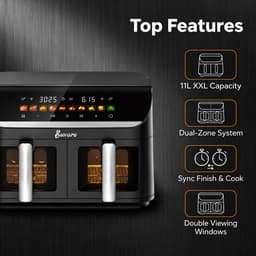 BUVARO Dual Zone Airfryer XXL 11L – 2 x 5,5L – 2950W – 10 Programma’s – DUAL & SYNC Finish – Kijkvensters – Zwart — thumbnail 5
